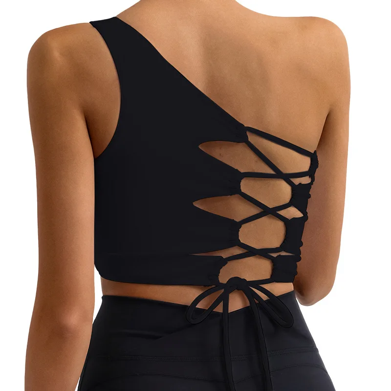 FUBEIKE Gym Tops Sexy Bra Women Yoga Vest Irregular Shoulder Beauty Back Lace-up Nude Feel With Chest Pad Sport Yoga Wear Ladies