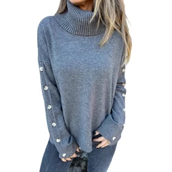 Women Autumn Winter Knitted Sweaters Long Sleeve Turtleneck Button Decoration Sweater Tops Ladies Casual Jumper Size S-4XL
