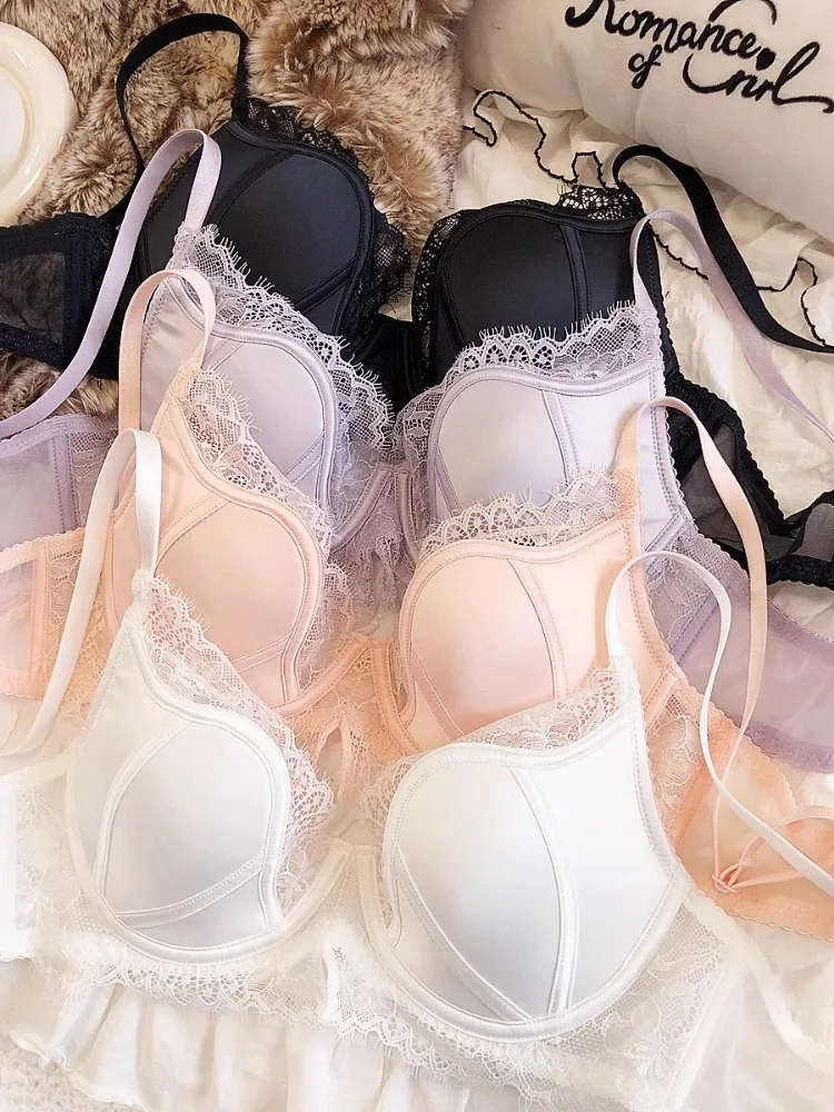 YUQI francuska satynowa koronka seksowna stalowa obręcz cienka bielizna zestaw zebrane małe piersi biustonosz górna część biustonosza zapobiegająca zwiotczeniu biustonosza