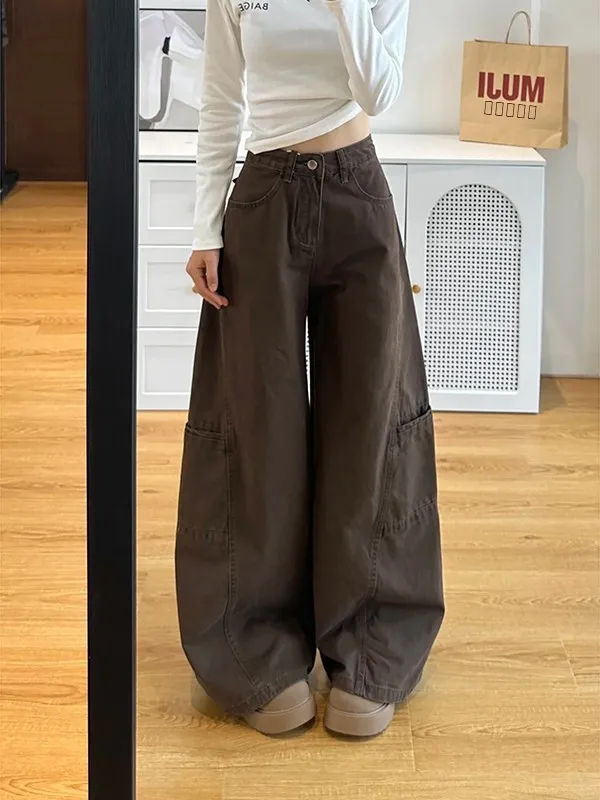 กางเกงยีนส์ทรงหลวมเอวสูงสไตล์เรโทรสำหรับผู้หญิง  ใส่ทำงาน  ทรงตรง  ยาวคลุมเท้า  สำหรับฤดูใบไม้ร่วงและฤดูหนาว