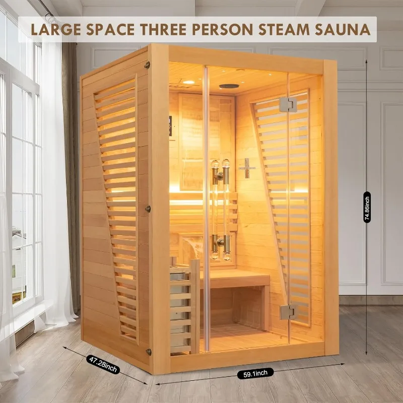 Wood Home Steam Sauna, WiFi Control 2-3 Person Canadian Hemlock Traditional Luxurious Wooden Indoor Spa Room with 4.5 kw Heater