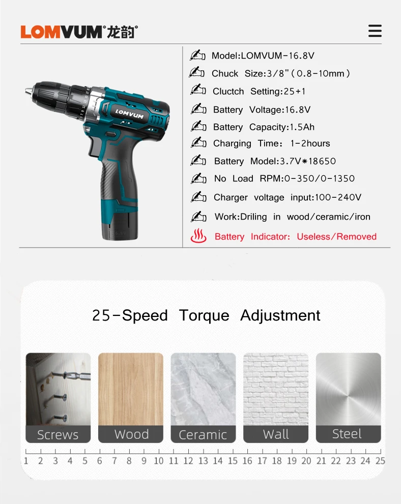 LOMVUM 16.8V Lithium Battery Electric Drill Shurik Charging electric Screwdriver Cordless drill Torque drill driver Power Tools