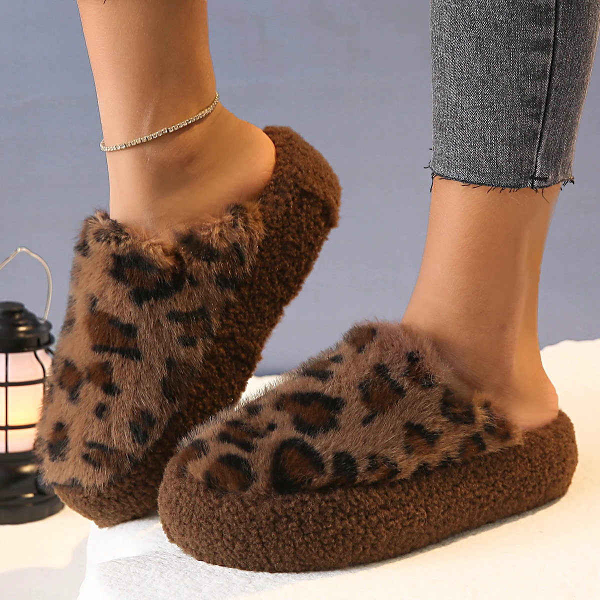 

New Thick Heel Luxury Lambwool Mules Women's Fashion Thick Sole Faux Fur Geometric Leopard Print Indoor/Outdoor Fur Slippers