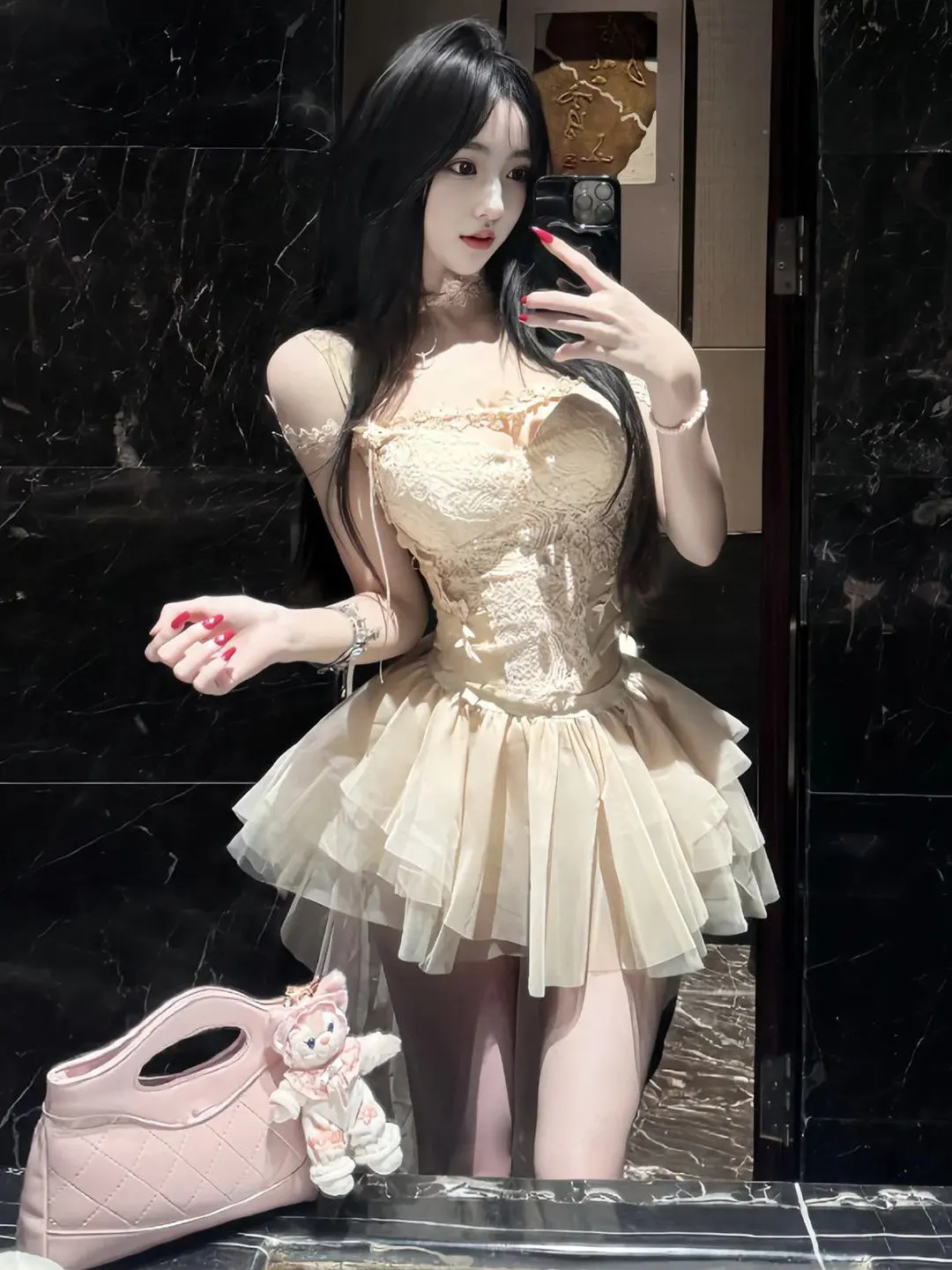 

Princess Style Lace Splice One Shoulder Top And Puffy Skirt Two Piece Set High Waist Pure Color Summer Fashion Ensemble for W...