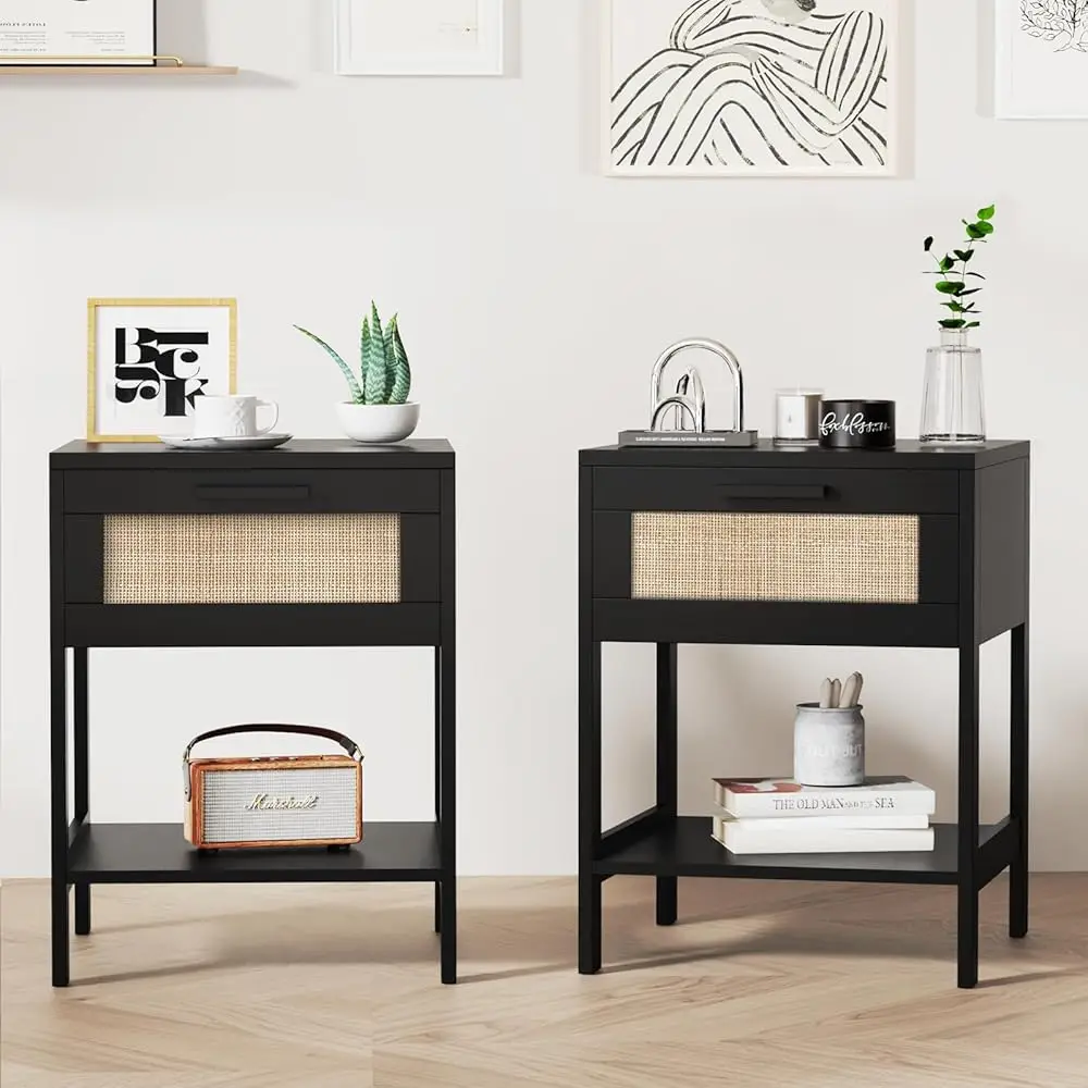 

Rattan Nightstand Set Of 2 - Rattan Decor Drawer Night Stand Natural Wood Bedside Table Boho End Table
