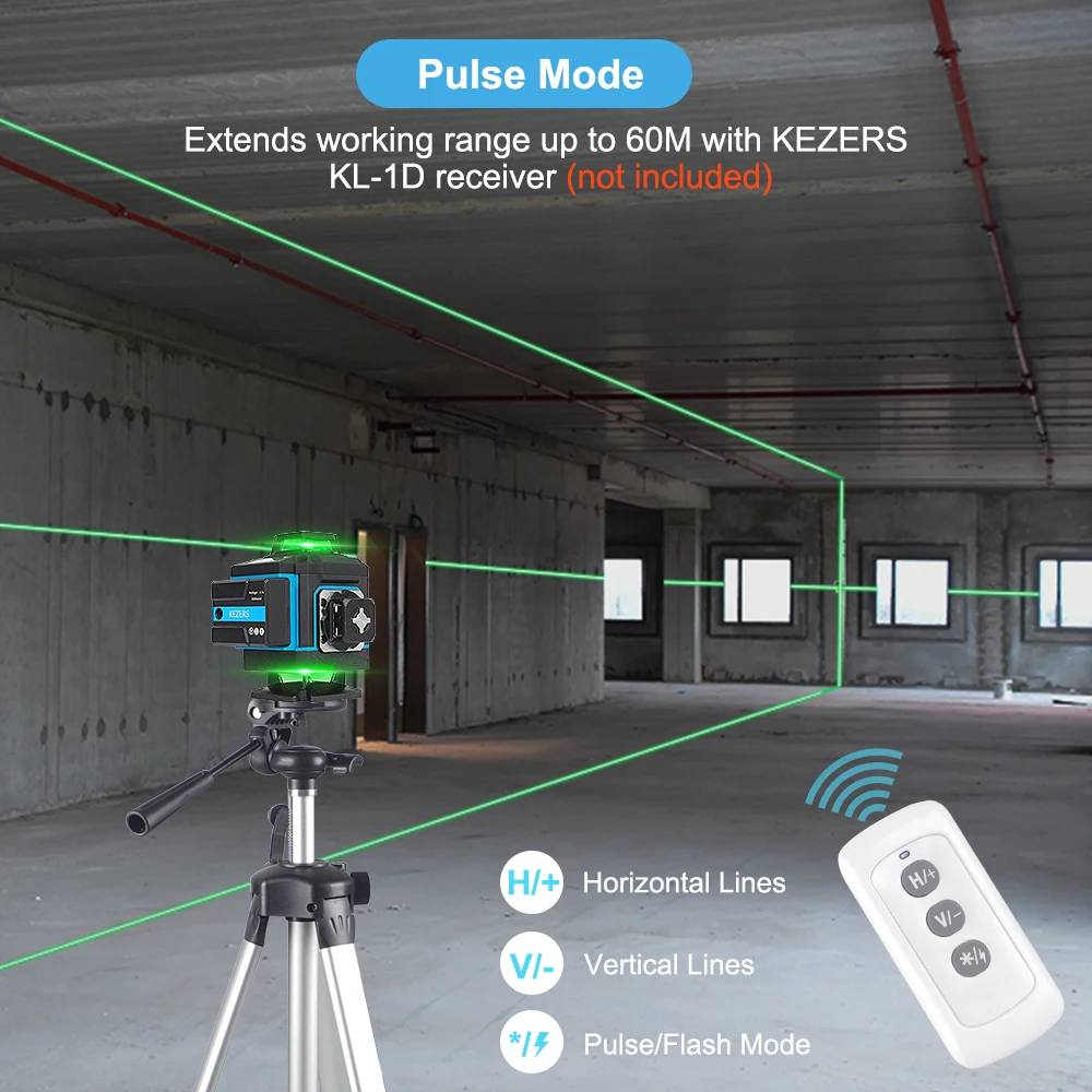 KEZERS Digital Green Laser Level 16 Lines 4D 360 KL4D-03GM 5200mAh Li-ion Battery Metal Window/Base Suitcase with Receiver