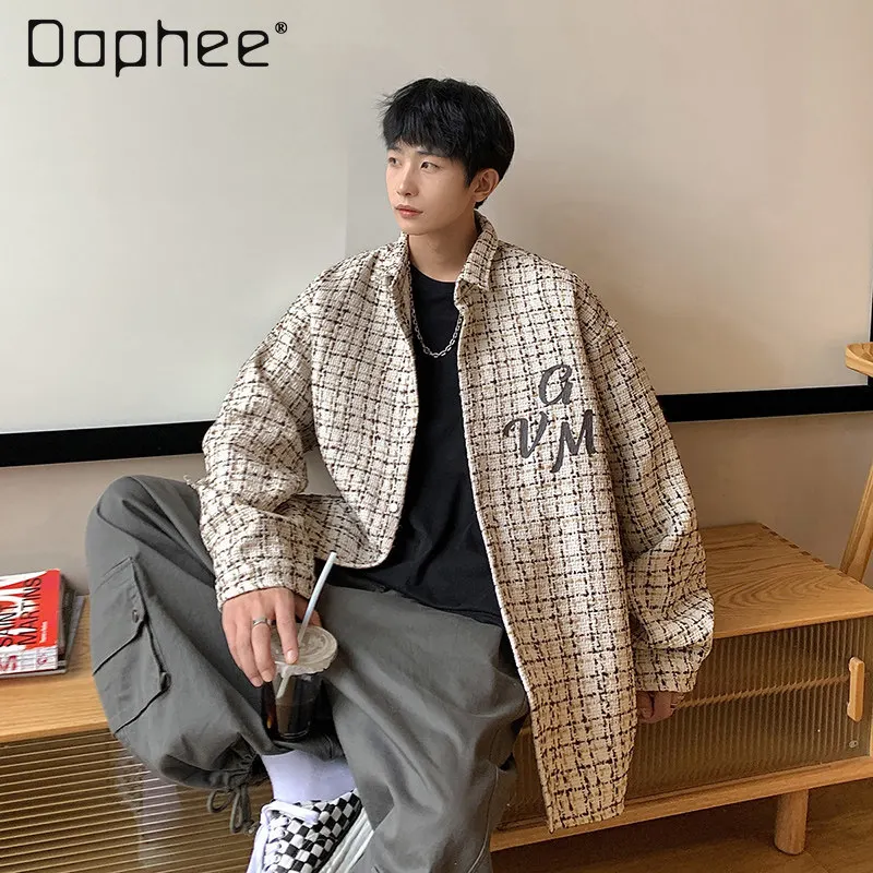 

Spring Autumn Men's Black Tweed Plaid Shirt Jacket Oversized Letter Embroidery Casual Streetwear Apricot Coat for Men Daily Wear