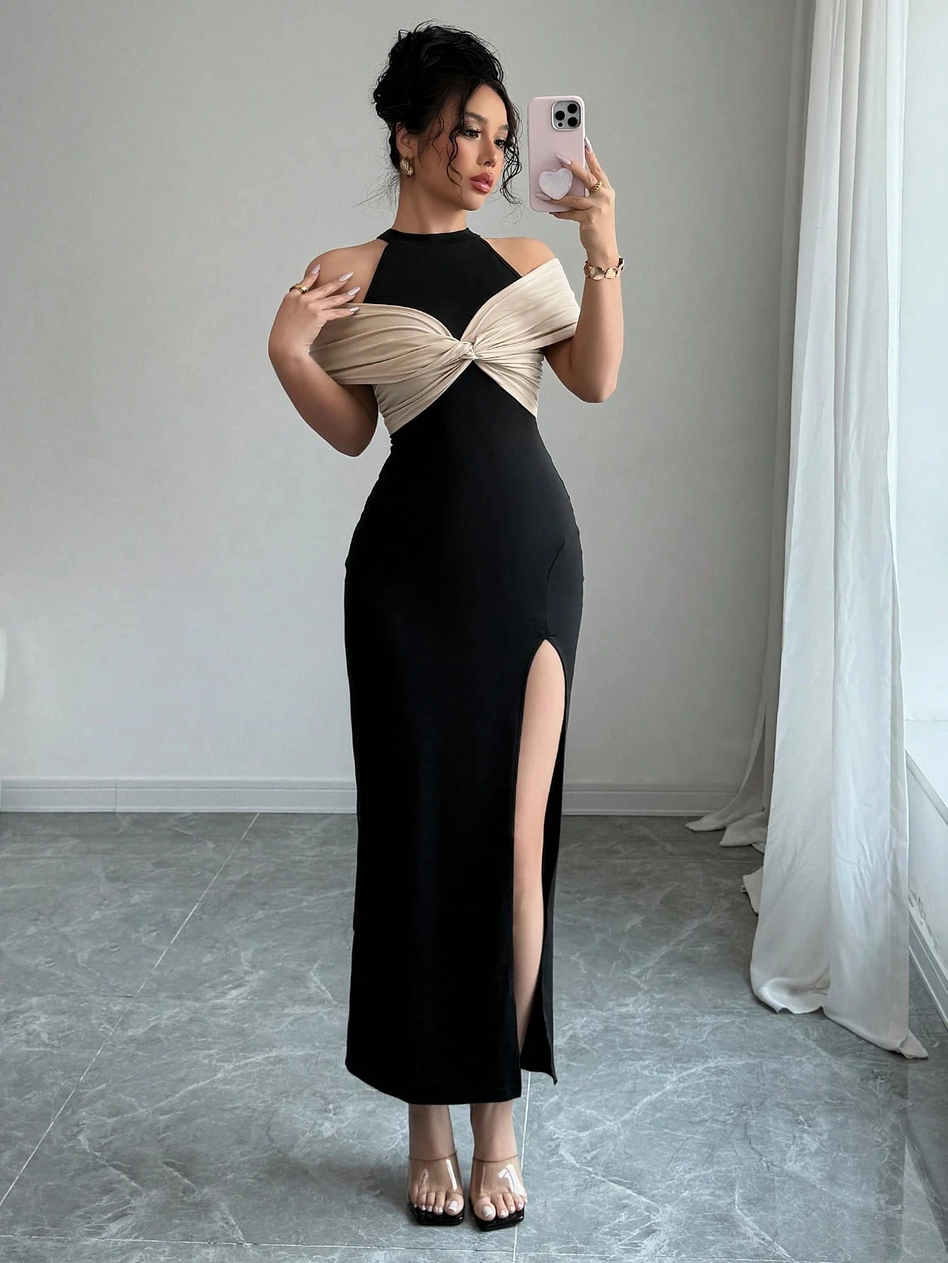 Vestido Maxi Halter para Mujer con Hombros Descubiertos, Nudo Retorcido, Abertura Alta, Ajustado al Cuerpo, Elegante para Fiesta de Primavera/Verano, Vestido de Noche Ceñido