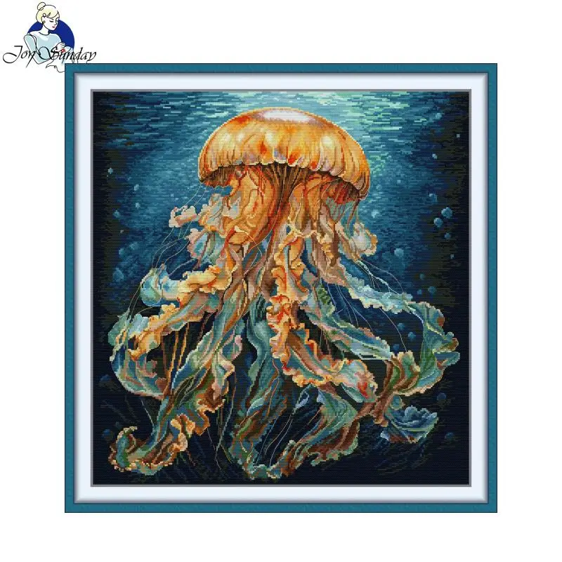 

Cross Stitch Kit Joy Sunday Deep-sea Jellyfish Counted Fabric Aida 16/14/11CT HD Pattern DMC Threads DIY Embroidery Kit Gift