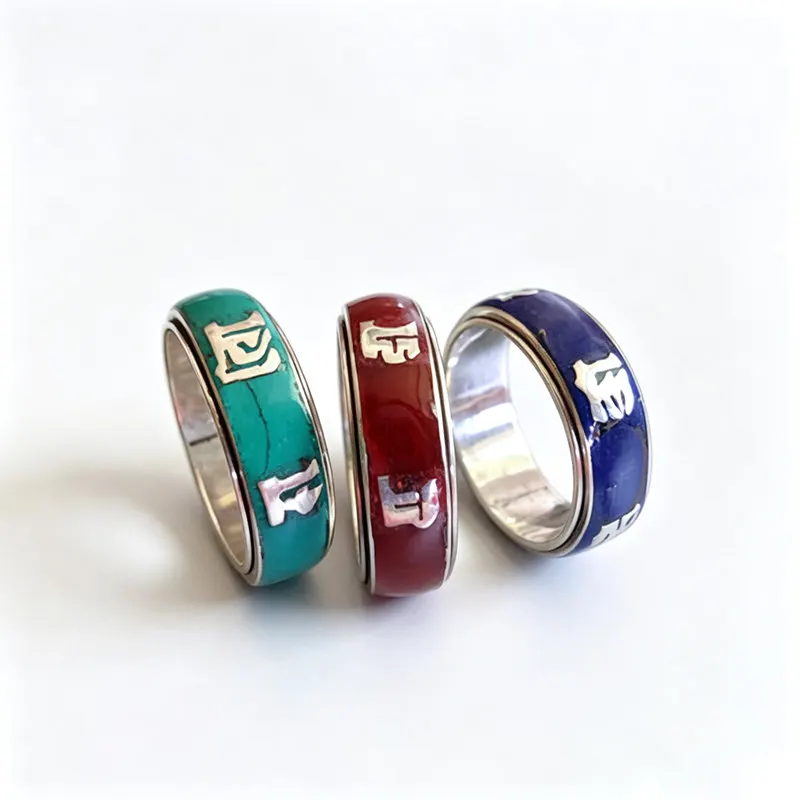 Nepal Handmade 925 Sterling Silver Ring Tibetan Mantras Spin Lucky for Man T9171