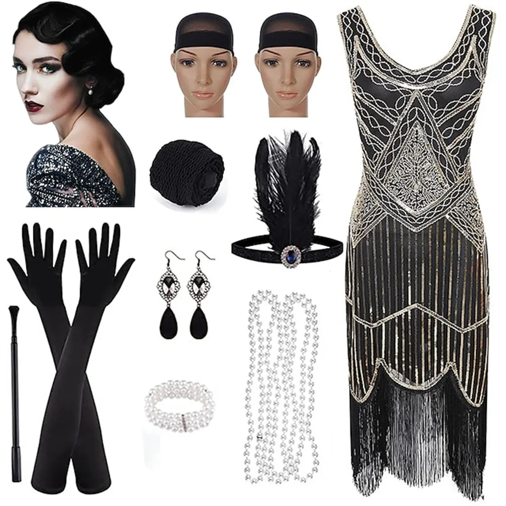 Retro 20s 1920s Flapper Dress Outfits with Accesorries Headband Great Gatsby Roaring Women's Sequins Tassel Fringe Evening Dress