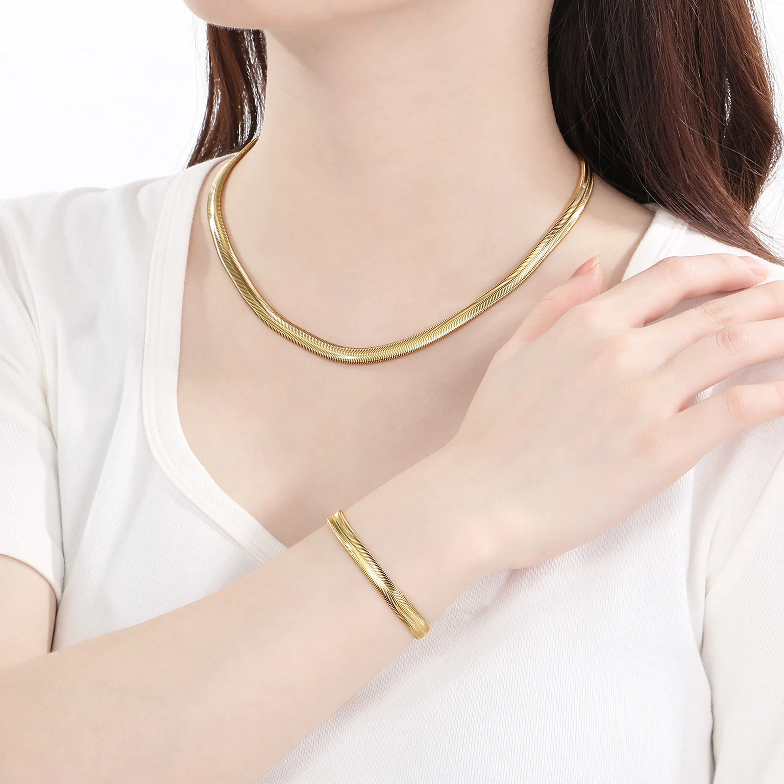 6mm Gold Color Snake Chain Bracelet Necklace Set Simple Fashion Stainless Steel Jewelry Set For Women