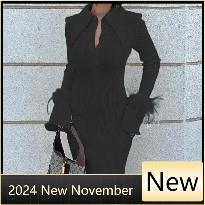

Customized Solid White Elegant Turn-down Collar Single Breasted Full Sleeve Feather Patchwork Bodycon Fashion Knit Ribbed Maxi D