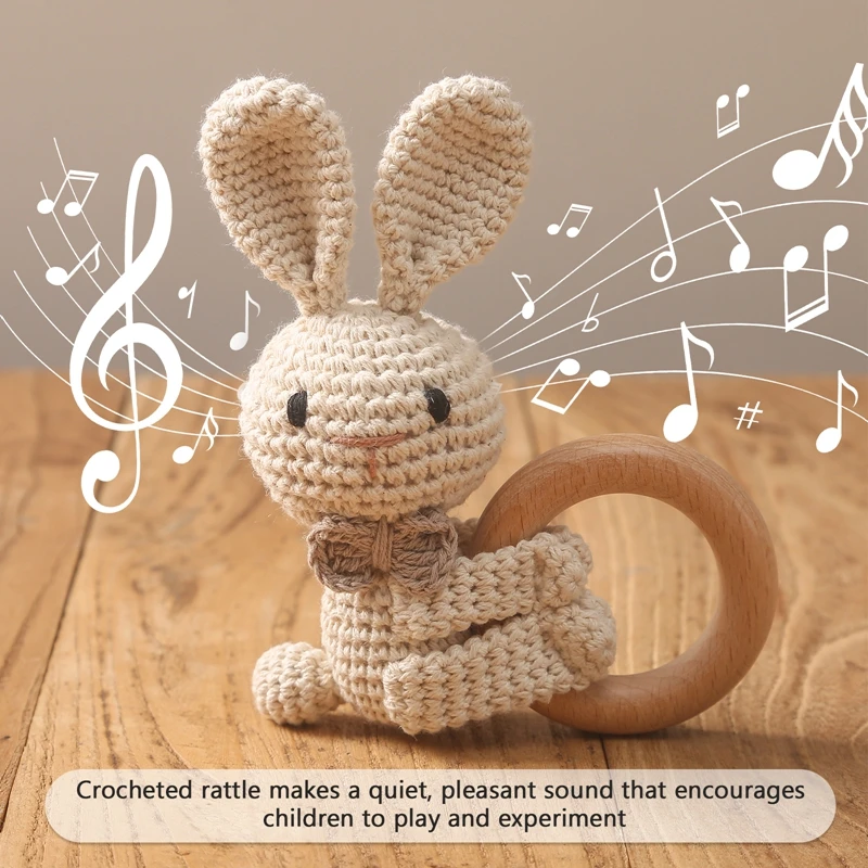 1PC Crochet Animal Rabbit Rattle Toy Soother Bracelet Wooden Teether Ring Baby Product Mobile Pram Crib Wooden Toys Newborn Gift