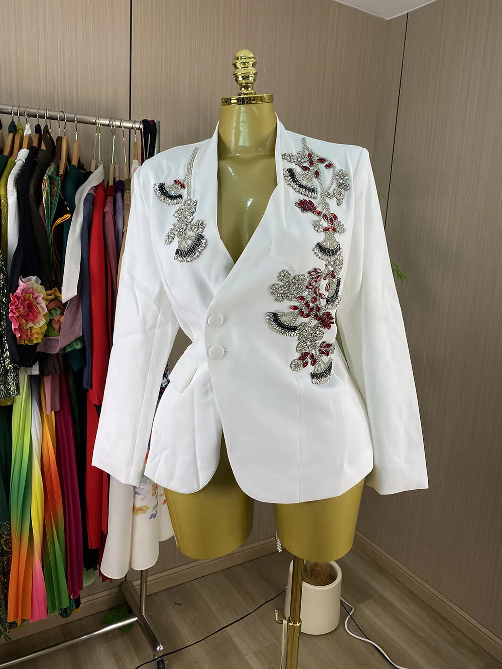 Women’s V-neck, single-breasted, solid-color woven blazer featuring a heavy-duty design and rhinestone embellishments-GZXX1217