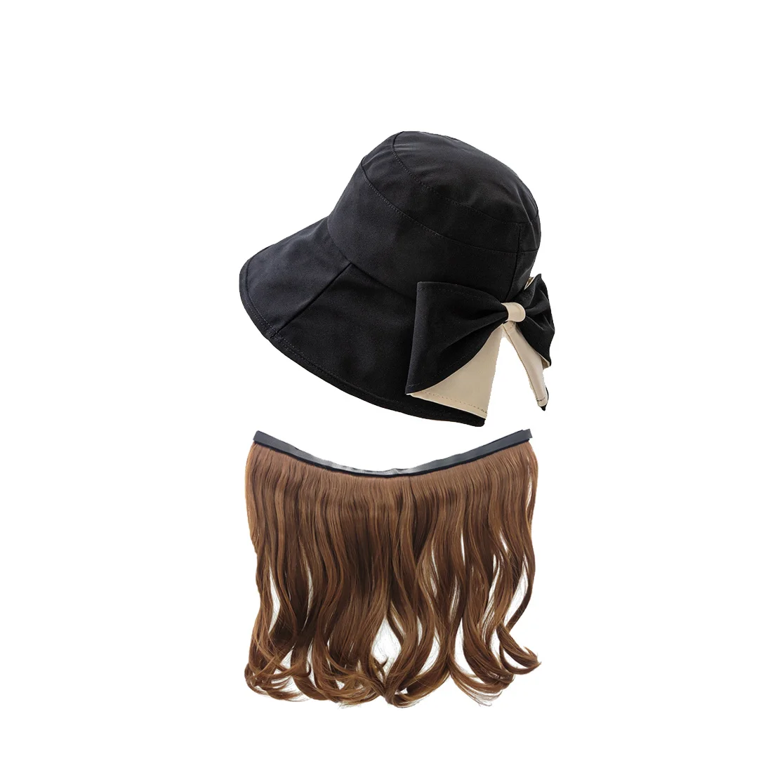 Bucket Hat with Hair Attached for Women,Large Brim Sun Hat,Detachable Long Wavy Blonde Cap Wig ,Wig Hat for Spring and Summer