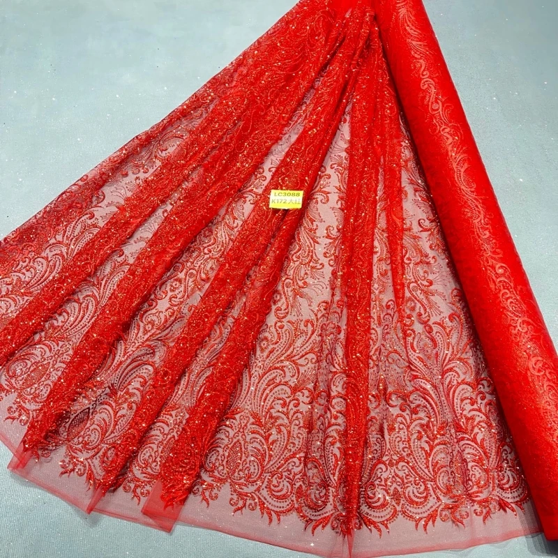 

10 Yards Red Fadhion Design Africa Glitter Fabric Embroidery Net Lace With Glued Glitter Sequins Wedding Or Party Dress
