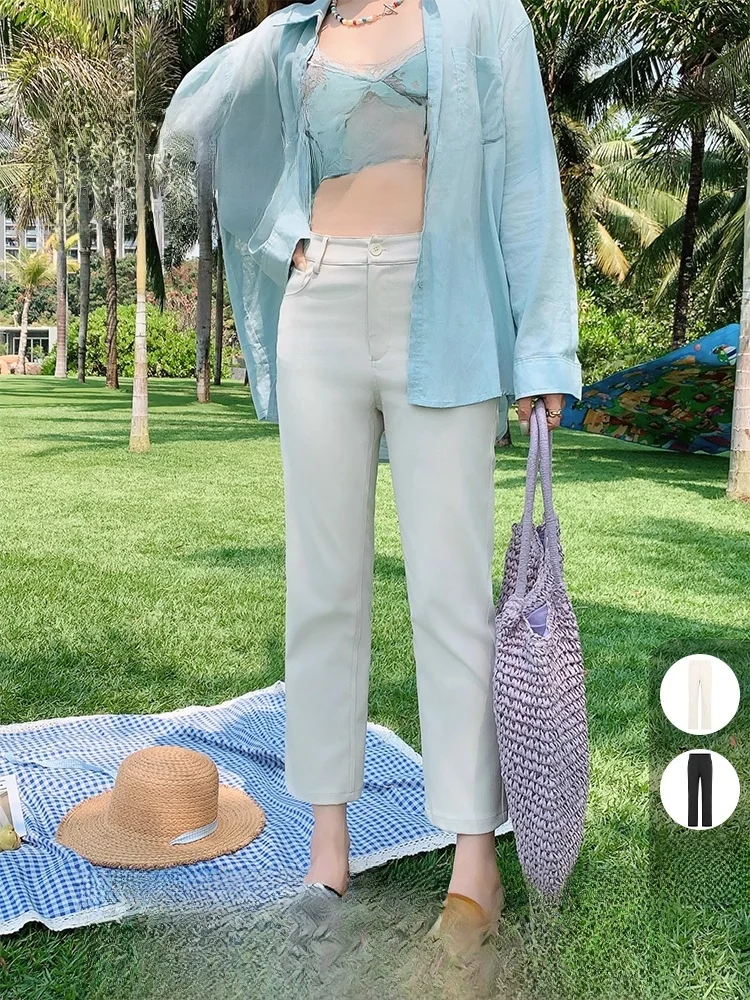 

MeiYang Волшебные сигаретные брюки с 3D пошивкой, прямые брюки с девятью точками, хлопковые прямые брюки с высокой талией