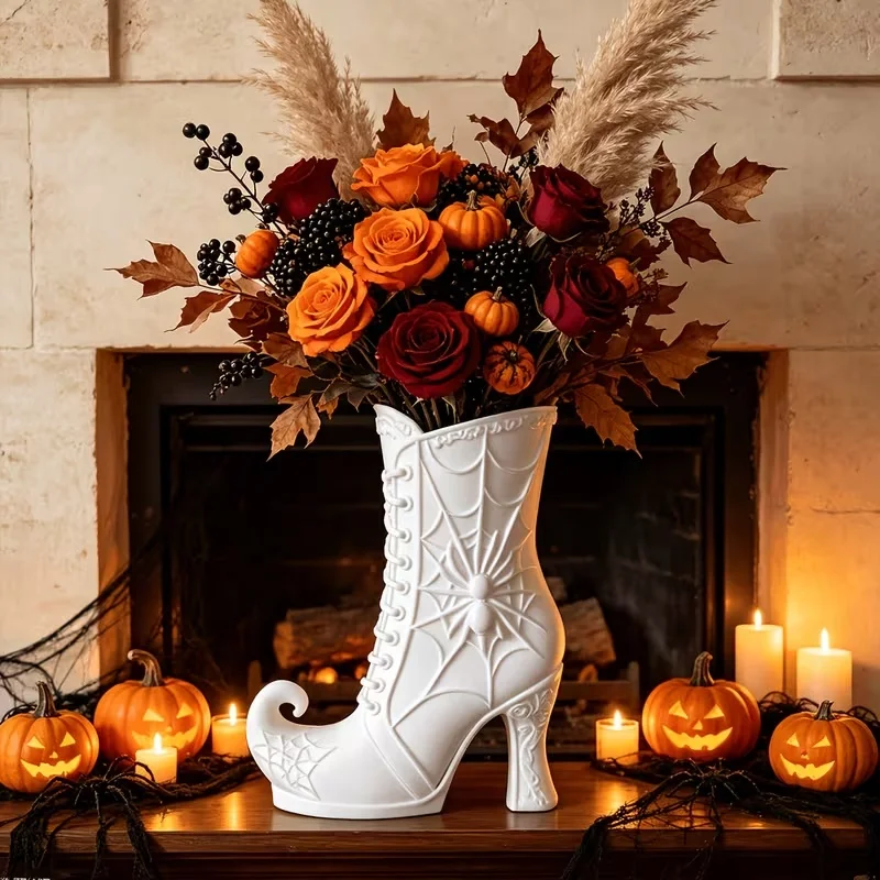 3D Printed Witch Boot Makeup Brush Holder,Plastic Spider Web Witch Shoe Cosmetic Storage Pot,Halloween Home Desk Decor Organizer