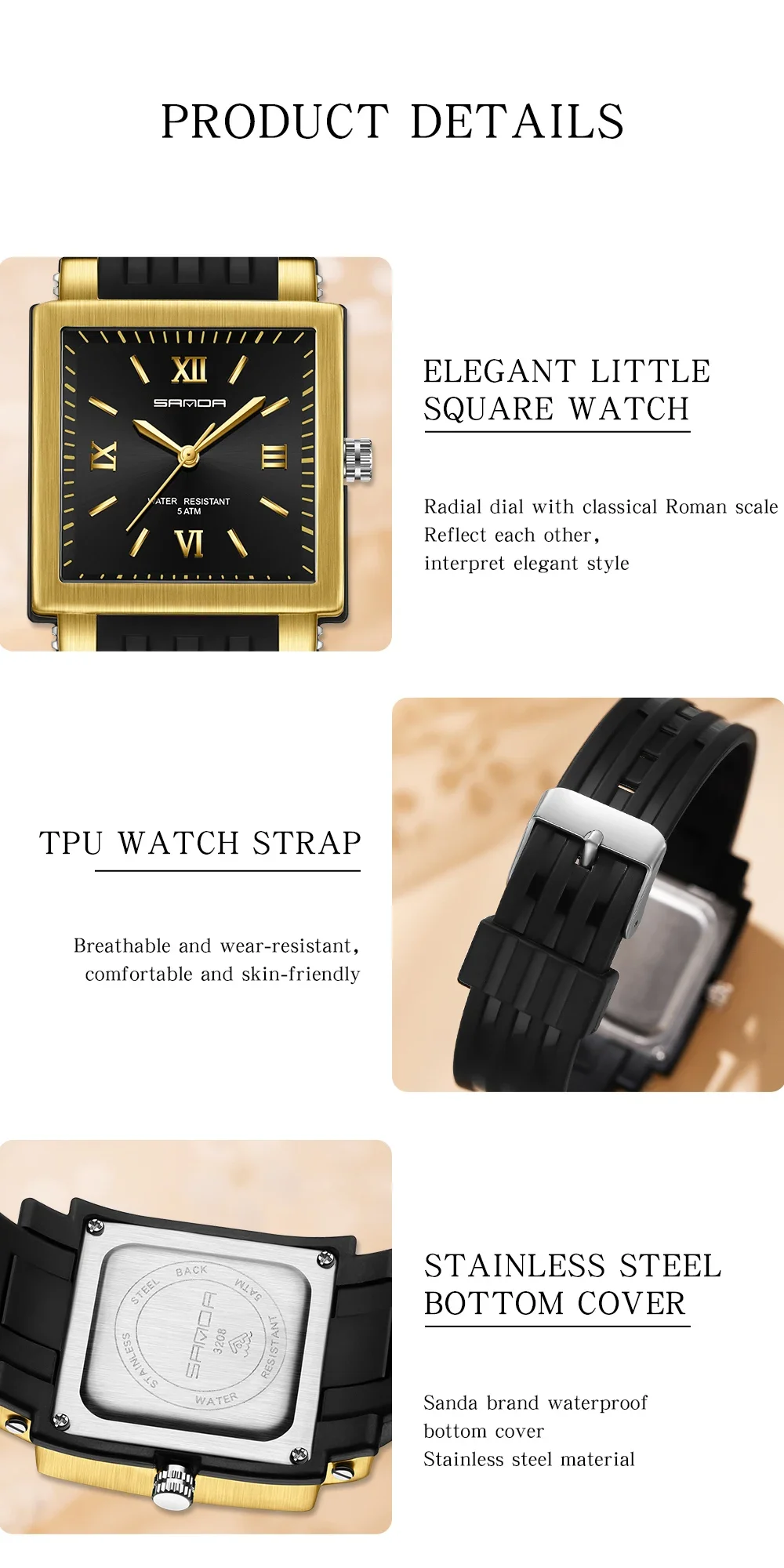 Sanda 3208 Nuovo orologio al quarzo Orologio elettronico da uomo e da donna al quarzo impermeabile alla moda quadrata coreana