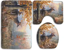 Deer in Autumn Super Cute 3 Piece Bathroom Rug Set Bath Rug Contour Mat Lid Cover 3 Piece Bathroom Mat Set