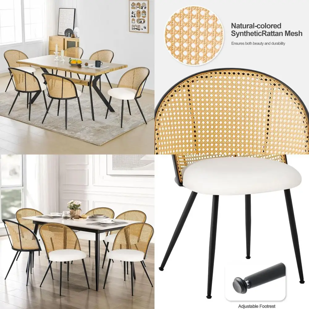 Set Kursi Makan 6 Buah Bergaya Mid-Century Modern dengan Sandaran Rotan, Jok Kulit Imitasi, dan Lengan Bergaya Farmhouse