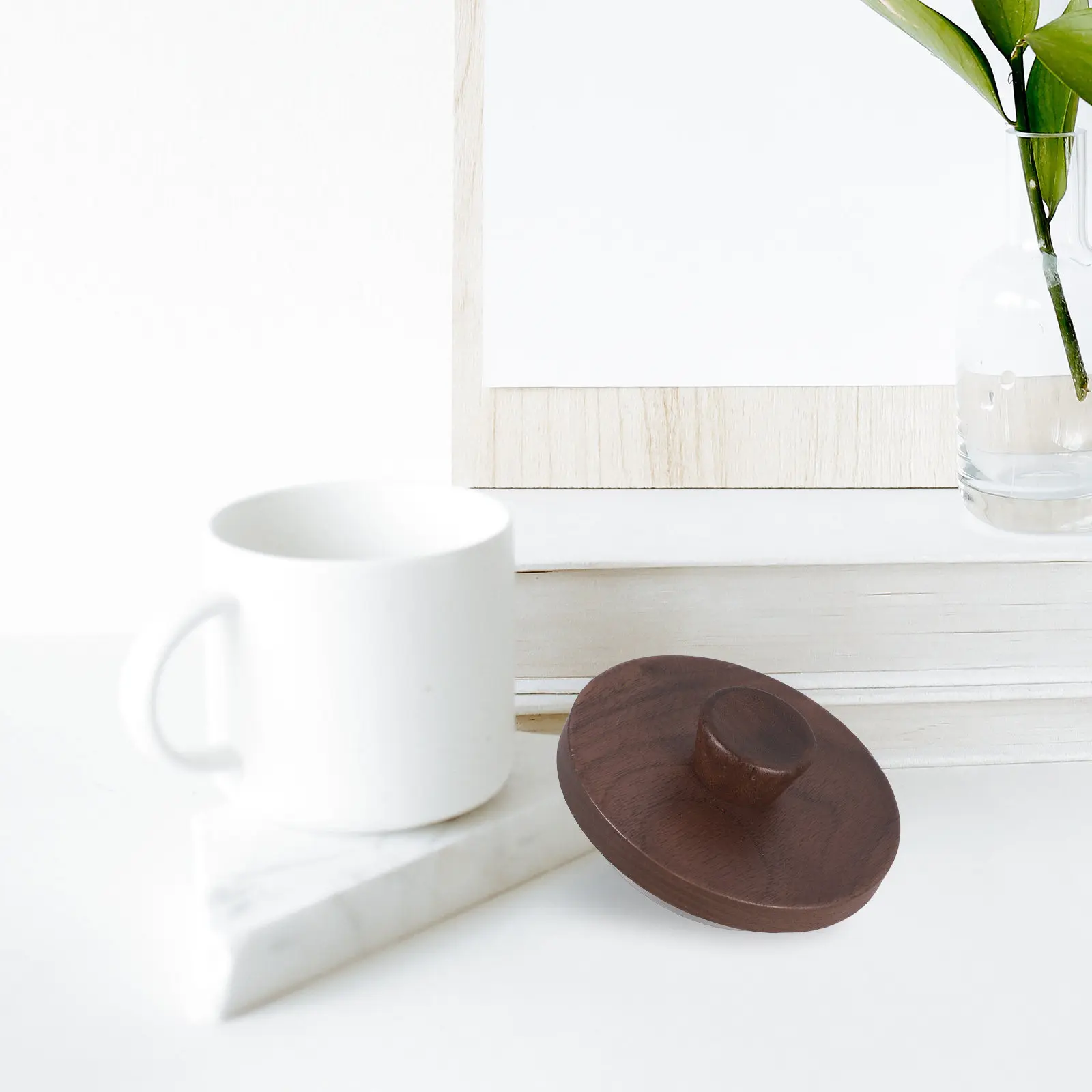 Walnut Wood Round Cup Lid Stainless Steel Reinforced Rim Quick Remove Storage Friendly Reusable Sealing Lid for Mugs Bowls