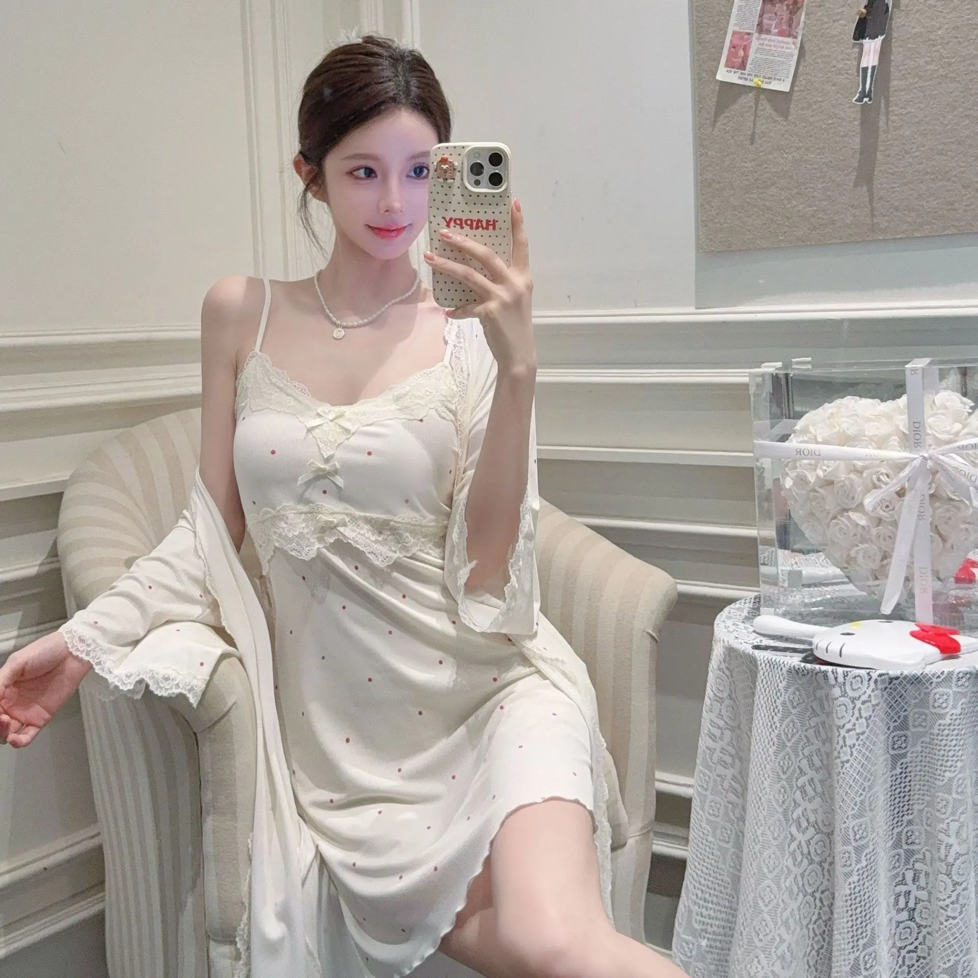 

Female 2PCS Robe Set Suspender Nightgown Polka Dot Print Kimono Bathrobe Gown Loose Sleepwear Homewear