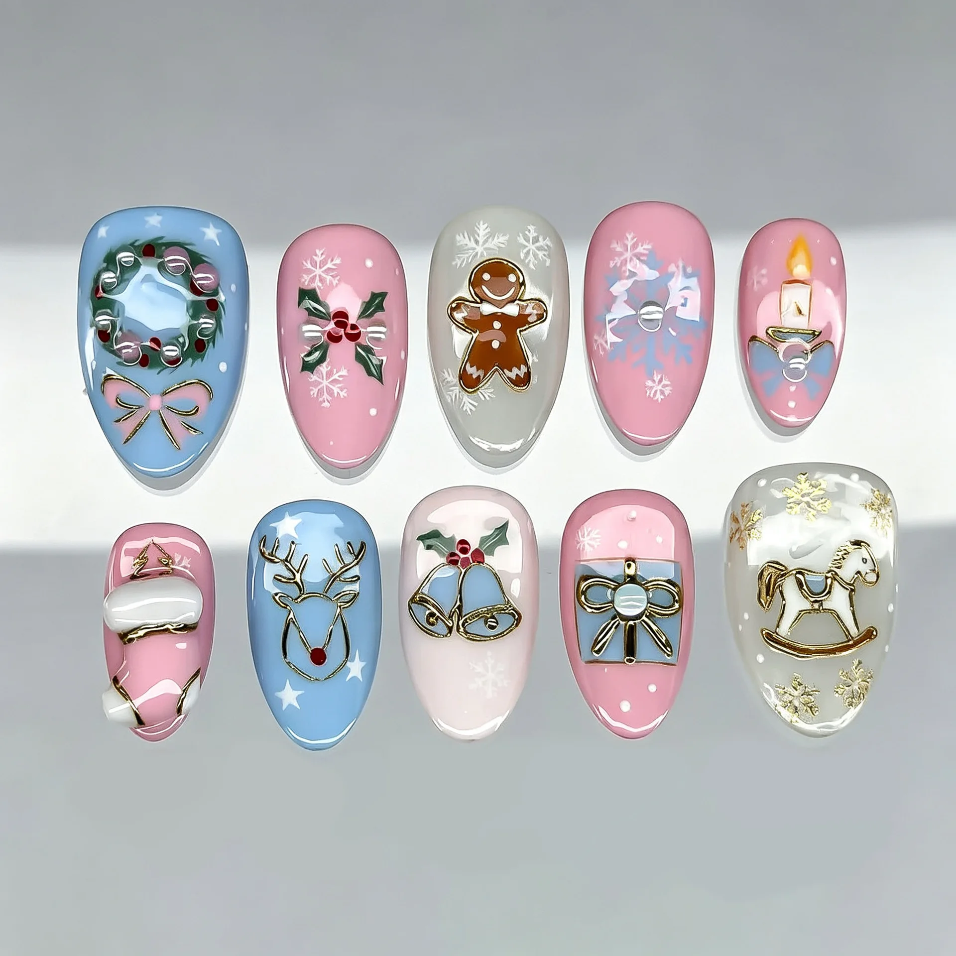 24Pcs Christmas Gilded Bow Press on Fake Nails Almond Wearable Finished Stick on Nail with Snowflake Pearl French Manicure Tips