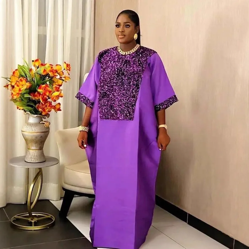 

Traditional Africa Clothing Bubu Kaftan Dress for Church African Dresses Women Shiny Sequined Long Loose Patchwork O Neck Gowns