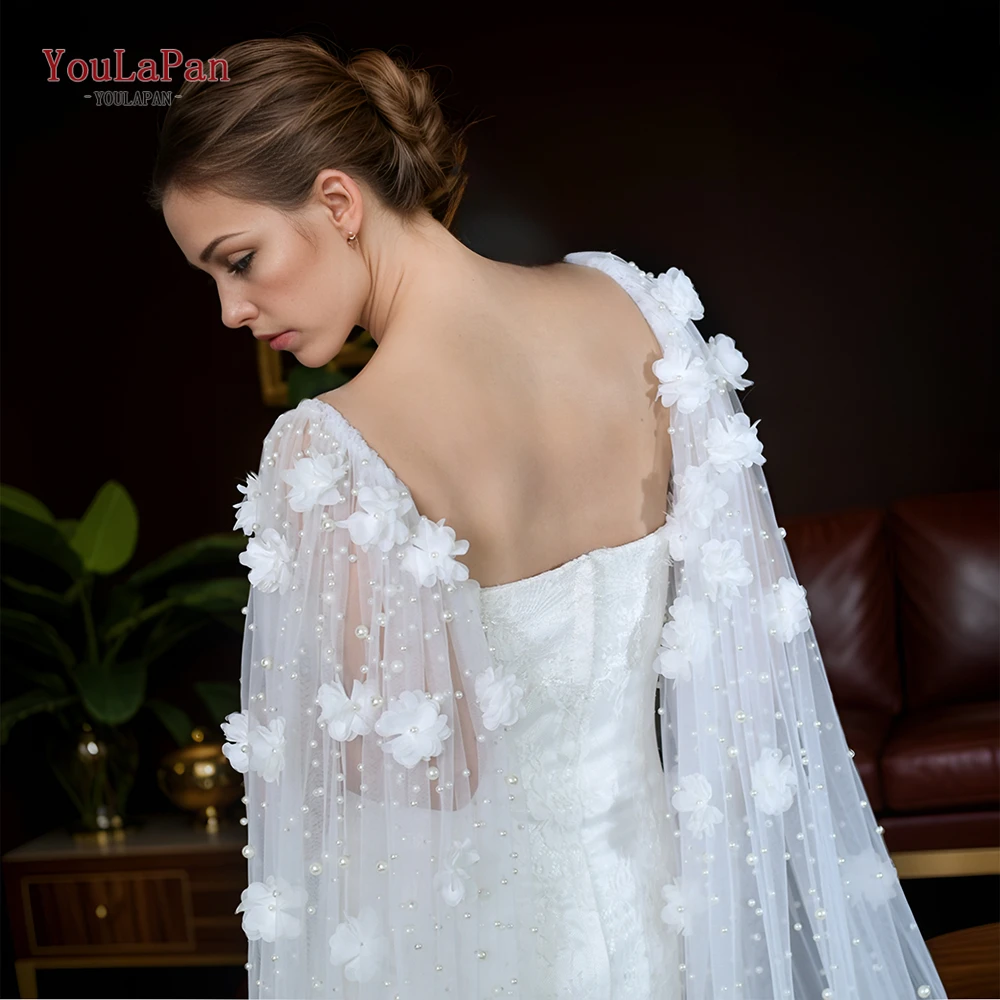 YouLaPan VG110 3D Flowers Wedding Dress Bolero Removable Bridal Cape DIY Long Cloak White Jacket Woman Wedding Cathedral Droped