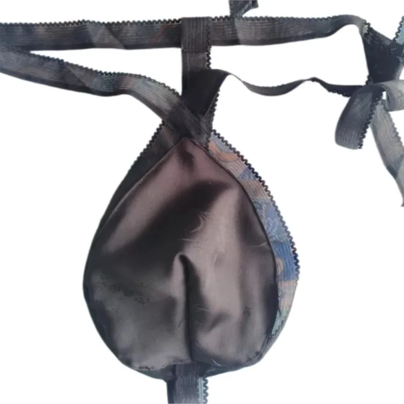 Man Lingerie Set Black Silk Satin Peach-shaped Lace Up Bra Thong Briefs Couple Underwear BF For Male Sexy Tops+Men's T-back view 6