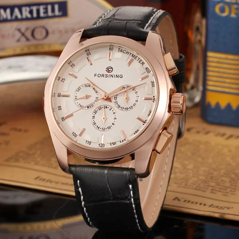 FORSINNG Men's simple casual style three eyes six pin automatic mechanical watch black circular black belt mechanical watch