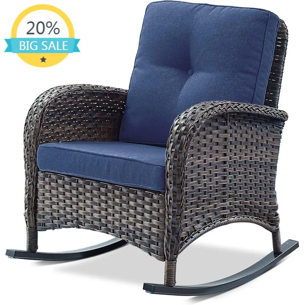 

Уличное плетеное кресло-качалка с подушкой, 1 шт., мебель для патио, террасы, балкона, коричневый/синий