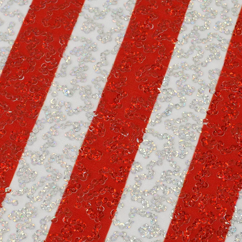 Glitzy Embroidery Sequin Red Stripe Printed Stretch Knit Ground  For Clothsing Making Party Events And Dancewear Fabric