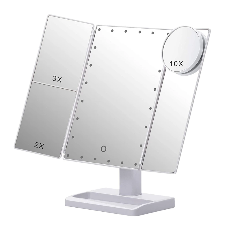 Trifold Makeup Mirror With 22 LED Lights,10X/3X/2X Magnification Portable Fold Lighted Table Desk Cosmetic Mirror