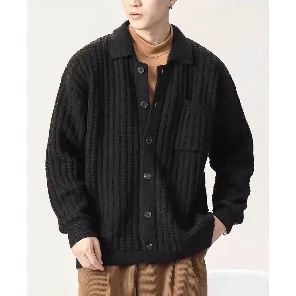 Autumn Winter Lapel Knit Cardigan Jacket Polo Sweater Men's Business Casual Streetwear Top