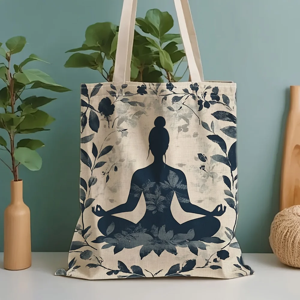 1pc Ink-wash Style Yoga Meditation Silhouette Floral Tote Bag,Reusable Shopping Bag,Suitable for DailyUse,Shopping,School,Travel