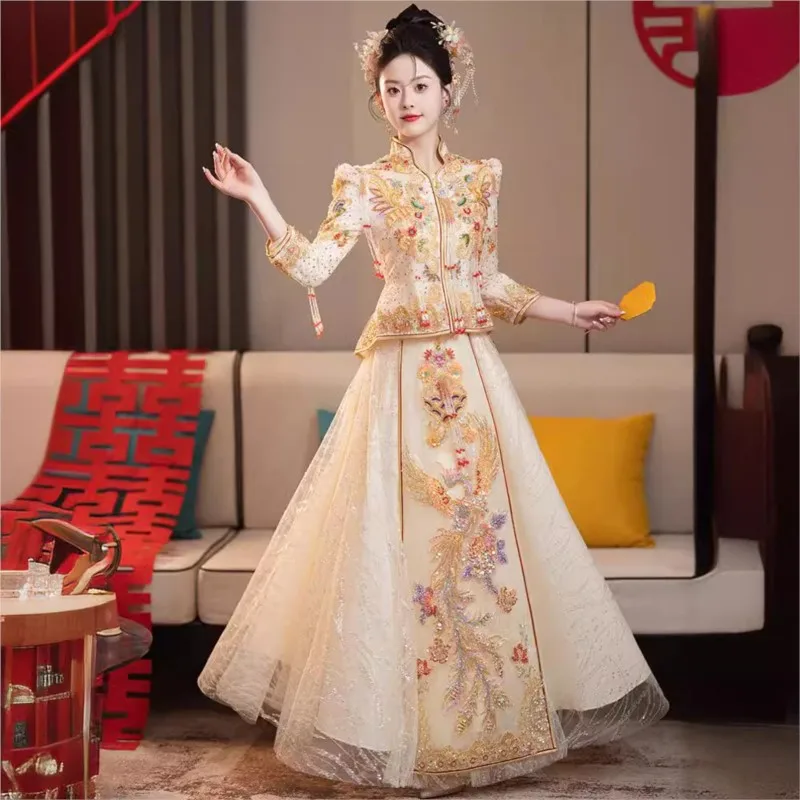 New champagne gold Chinese-style heavy industry toasting and exit dress