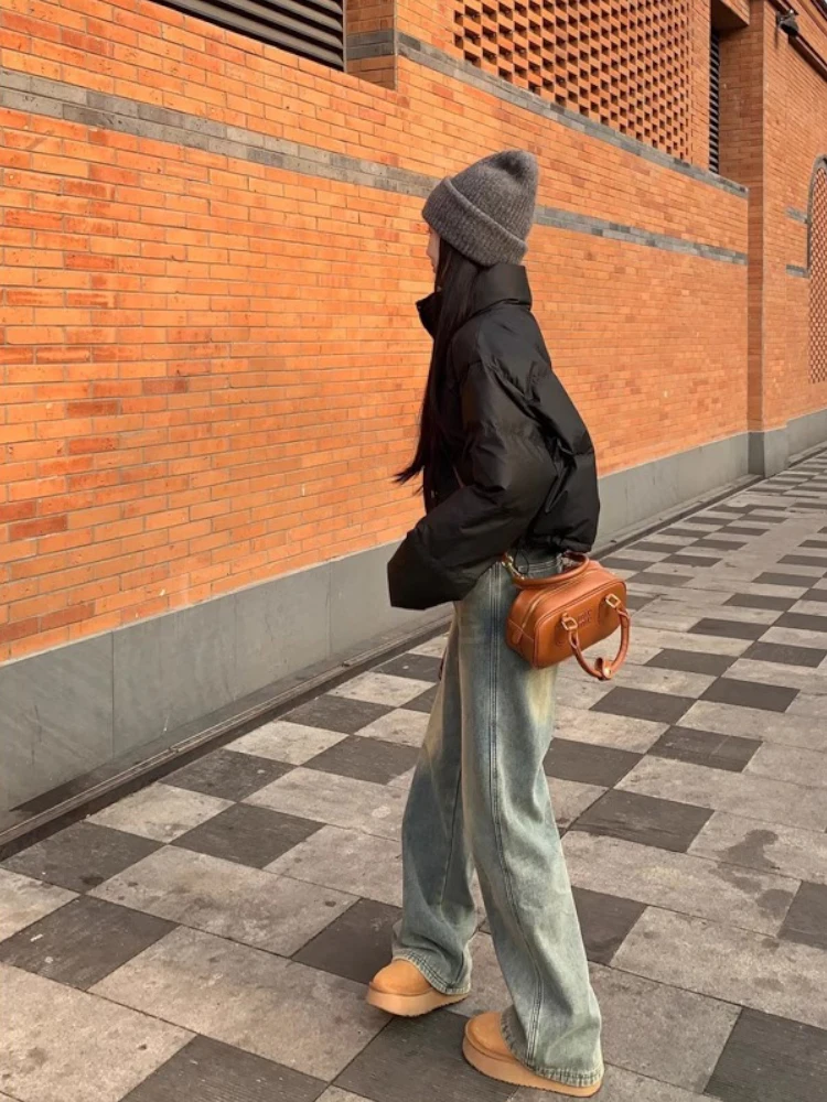 الرجعية عالية الخصر واسعة الساق الجينز المرأة فضفاضة تناسب مستقيم قطع السراويل الخريف التخسيس ثنى السراويل الطويلة عادية الدينيم Skinnies