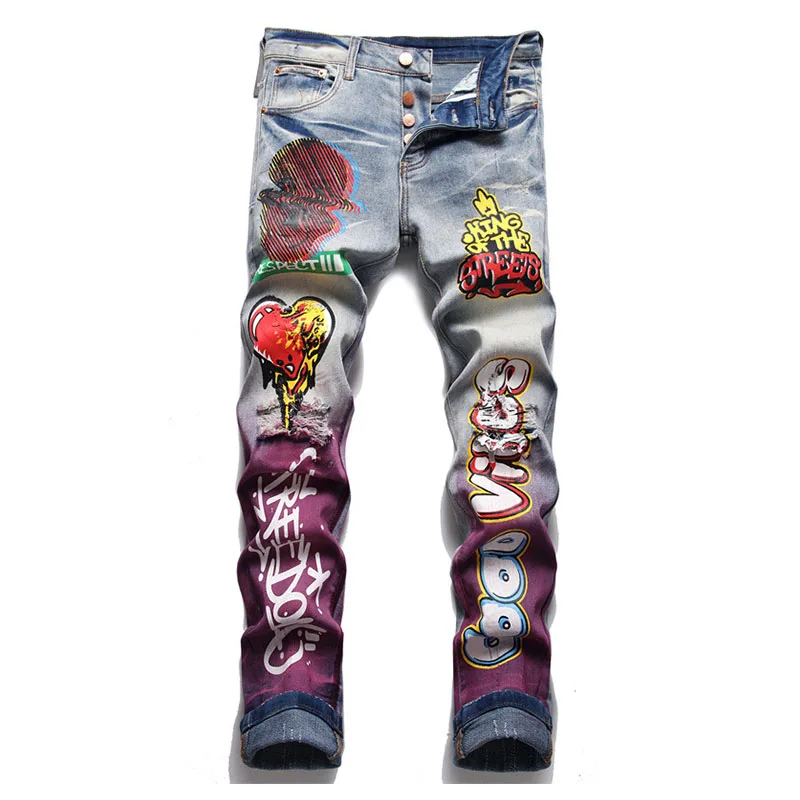 

Mcikkny Ripped Printed Casual Jeans Trousers Hip Hop Streetwear Washed Denim Trousers For Male Patchwork