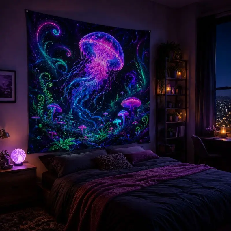 VIKAMA Purple Green Jellyfish Mushroom Wall Tapestry Neon Glow Tripsy Ocean Forest Home Decor Retro Style Soft Durable Cozy Gift