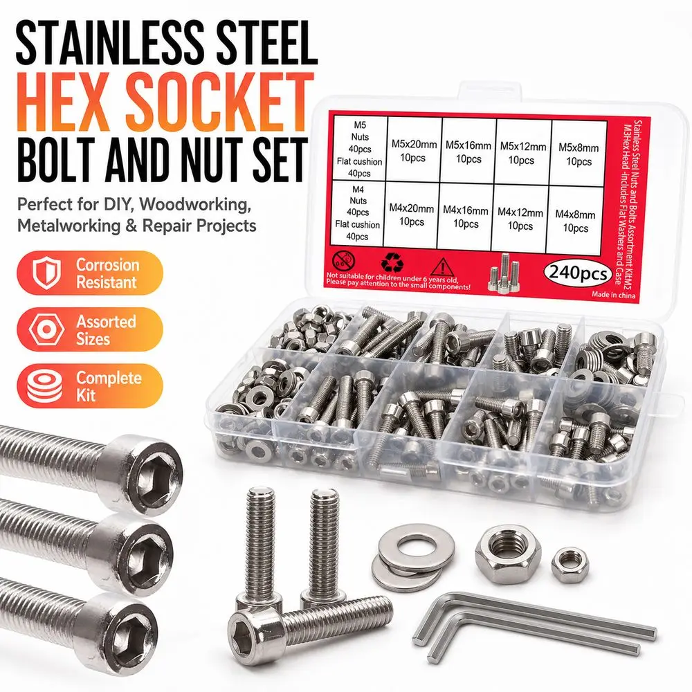 240pcs Stainless Steel Stainless Steel Bolt Set Socket Head Corrosion Resistant Nut And Bolt Set Flat Washers DIY Projects