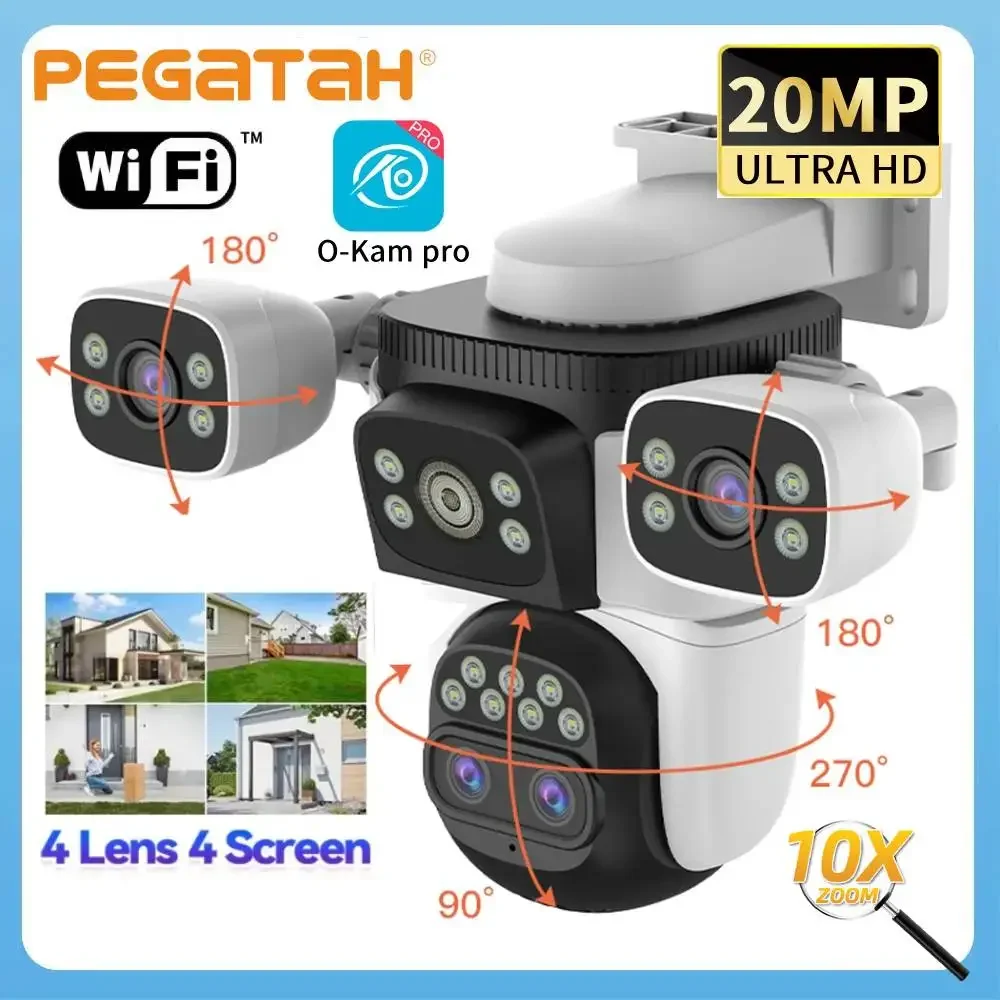 

Уличная IP-камера 10K UHD с Wi-Fi, 10-кратным зумом, четырьмя объективами, 360° PTZ, обнаружением человека, для домашнего видеонаблюдения
