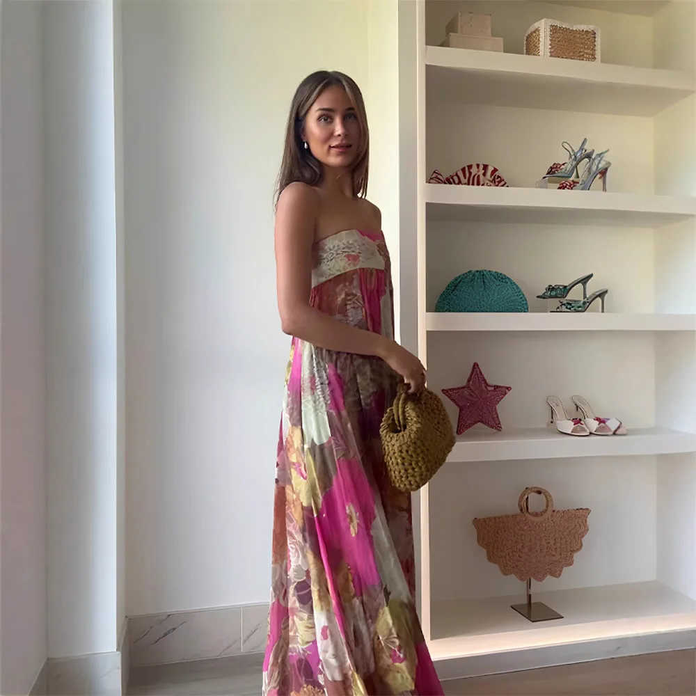 Faionable Printed Maxi Dr Ele Summer New Arrival Women's Clothing Strapl Gown Long Sve Zipper Closure Casual Wear