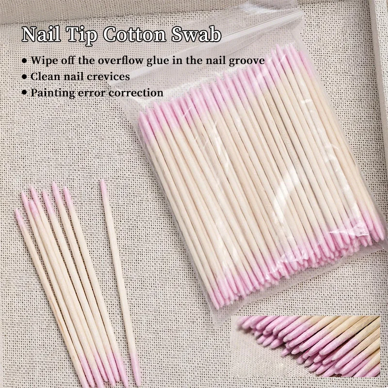 100 個両頭綿棒木製スティック付き尖った先端綿棒マニキュアリムーバー用使い捨てアートツール