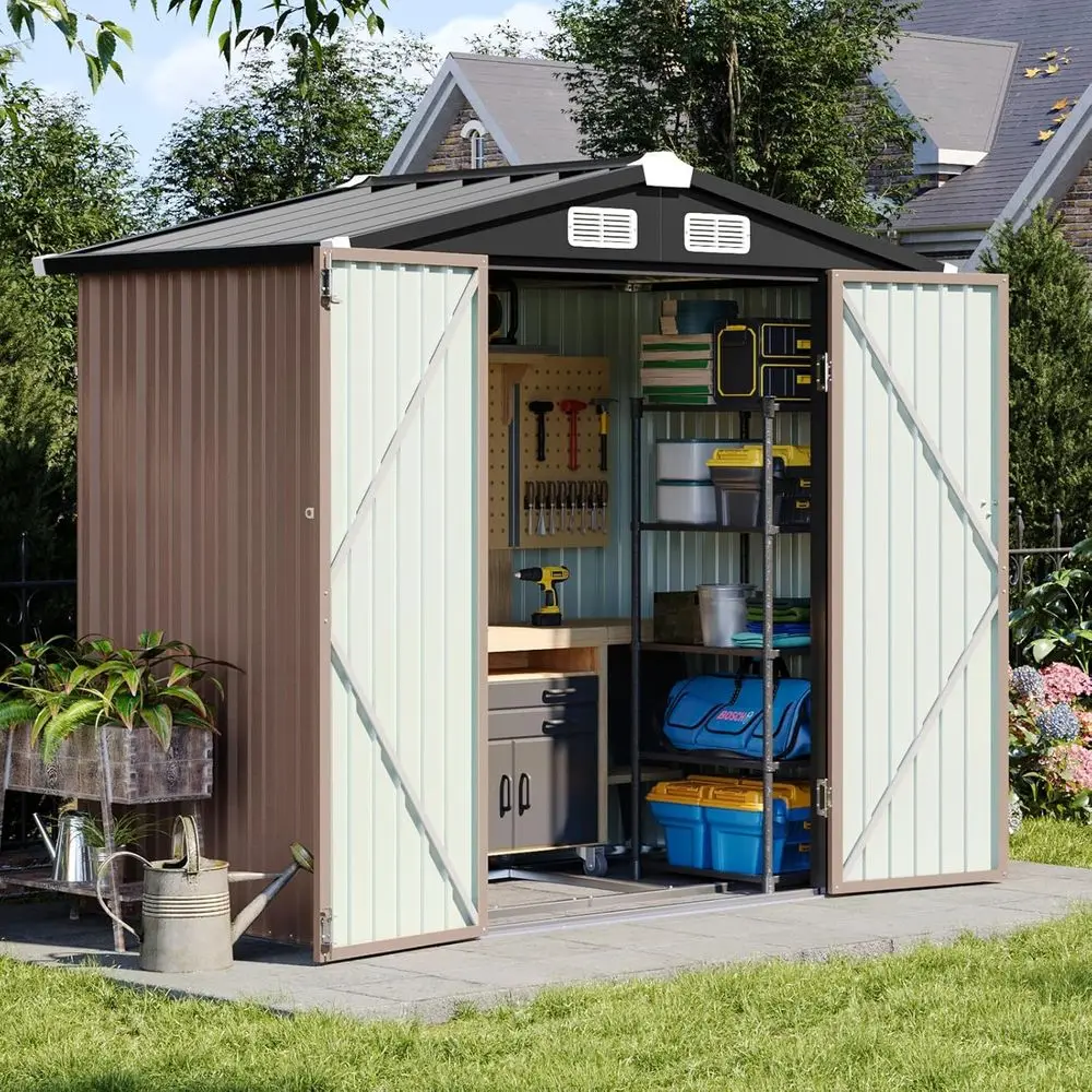 Caseta de Almacenamiento Exterior de 6x3.9 con Puerta con Cerradura - Ideal para Jardín, Patio, Piscina (Marrón)