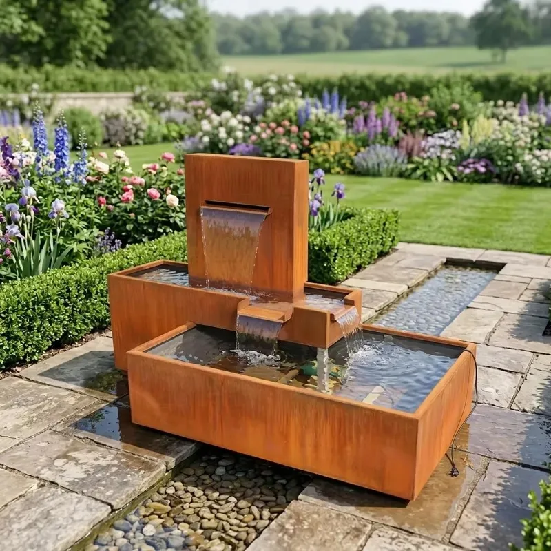 custom weathering steel rain curtain outdoor garden water feature device, weathering steel waterfall fountain for