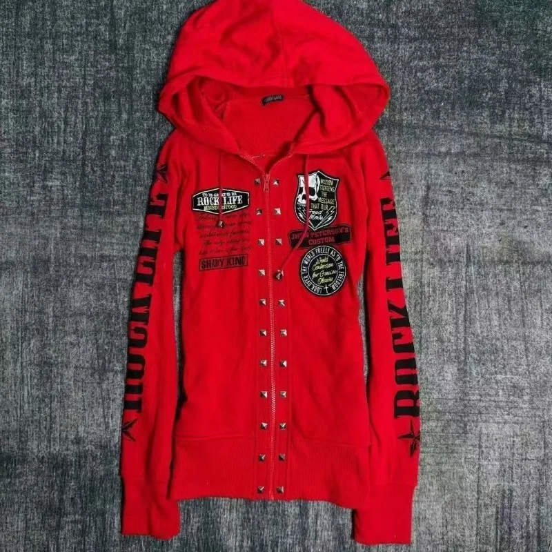 Punk Hottie Hoodie American Subculture Skull Print Coat Retro Harajuku Aesthetic Zipper Sweatshirt Women Slim Street Y2K Cloths