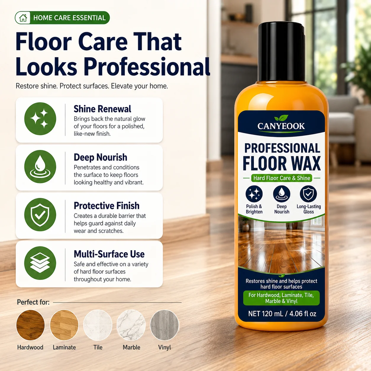 120ml Floor Essential Wax - Natural Wood Floor Care Oil, Anti-Scratch & High-Gloss Finish, Suitable for Home Floors & Automotive